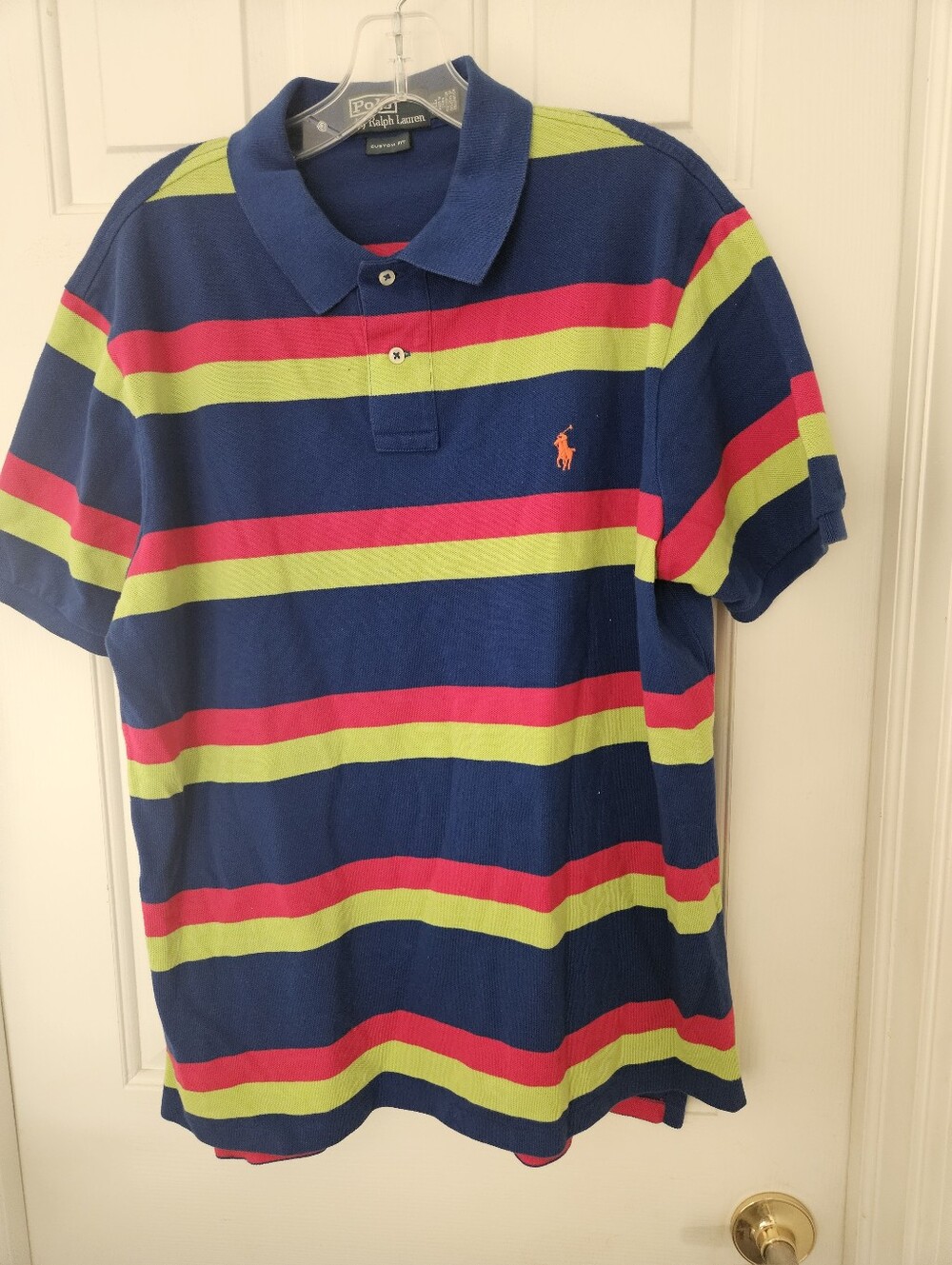 Ralph Lauren Navy Polo with Lime Green & Hot Pink Stripes